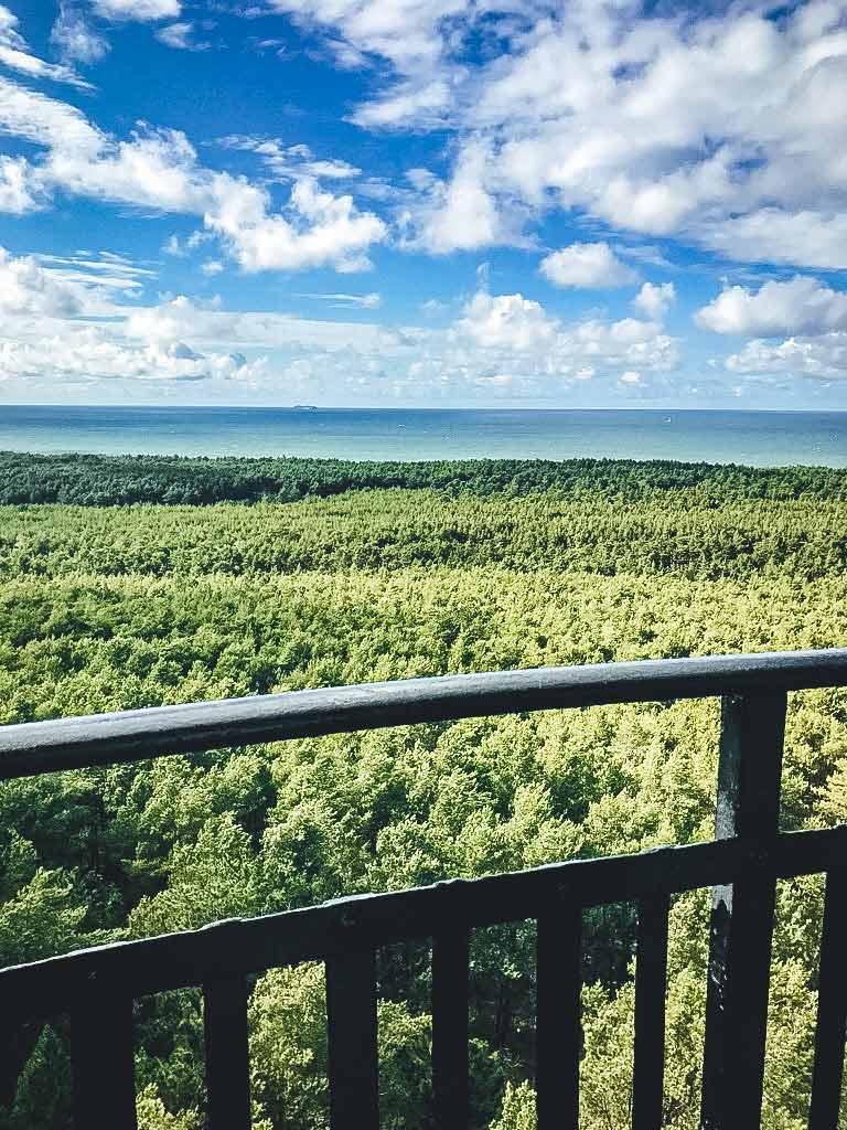 Ausblick auf die polnische Ostsee: Weitläufige grüne Wälder erstrecken sich bis hin zur Küste, wo die ruhige Ostsee auf den Horizont trifft.