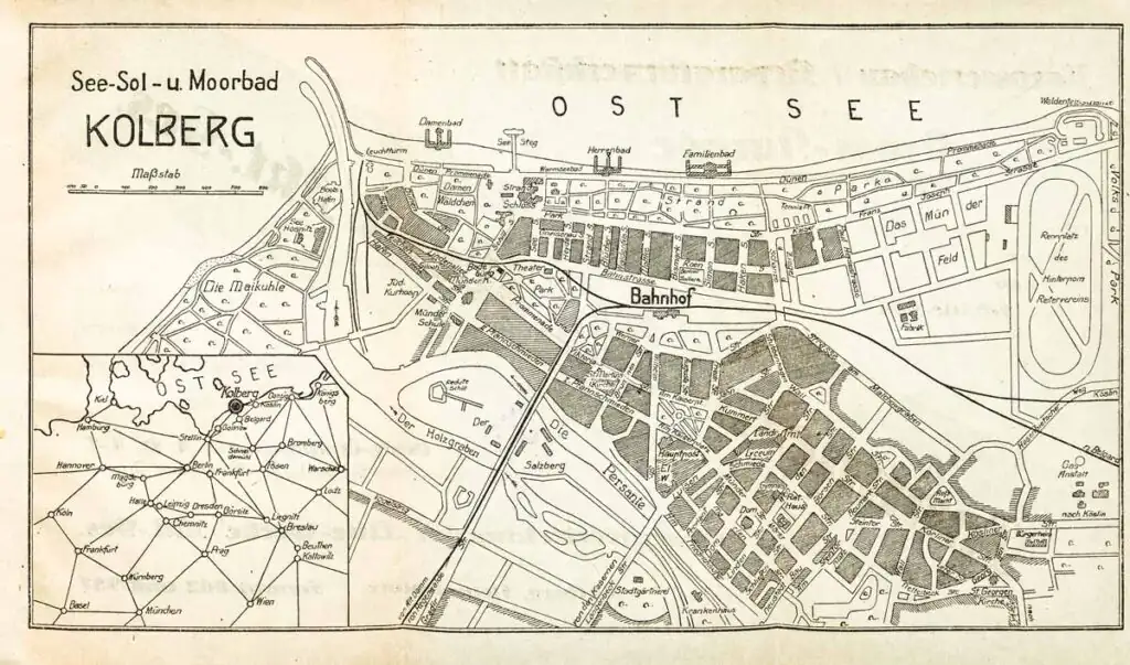 Historische Karte „Kolberg – Sol-, Moor- und Seebad“ von 1923 mit Stadt und Umgebung.