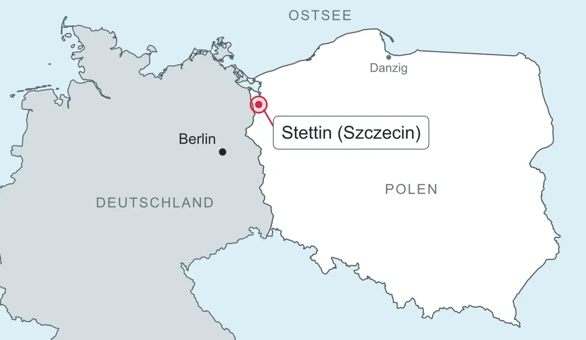 Karte mit der Lage von Stettin im Nordwesten Polens nahe der deutschen Grenze